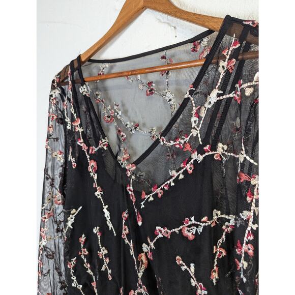 WHBM Embroidered Floral Blouse Large Black Sheer Fairy Grunge Witchy Flowy Dark - Picture 2 of 8